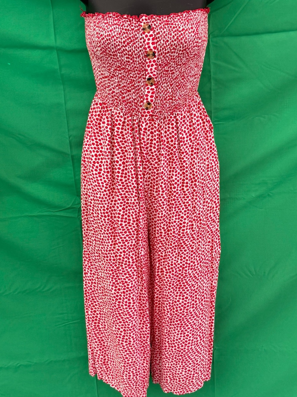 Red Floral Smocked Strapless Wide-leg Jumpsuit Women’s S